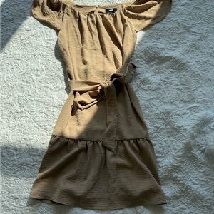 DKNY Tan Off-Shoulder Midi Dress